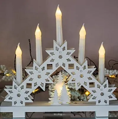 Festive Rustic White Wooden Snowflake 6 LED Christmas Candle Bridge Arch 30cm • £14.99