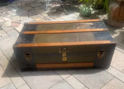 Flat Top Steamer Trunk Antique STORAGE Travel Chest 36  Coffee Table Movie Prop • $160