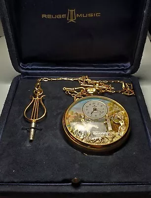 REUGE POCKET WATCH W MUSIC & AUTOMATA W OG CASE KEY & FOB CHAIN-SERVICED • $1