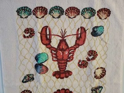 Unused? VTG 80s LOBSTER SEA SHELLS HAND TOWEL Cream Brown Turquoise KITCHEN WORK • $8.99