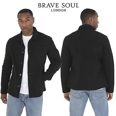 Brave Soul Mens Black Fleece Jacket Button Fastening Long Sleeve Coat For Men • £24.99