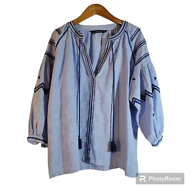 Zara Basic Peasant Top Womens Large Blue Linen Cotton Boho Embroidered Tassels • $19.98