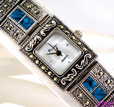 Vintage Silver Marcasite & Blue London Topaz Bracelet Semi Precious Gems Watch • $85.25