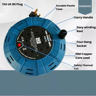 4 Way Gang 10 Meter Outdoor Heavy Duty Extension Cable Lead Reel UK BS Plug 13A • £19.25