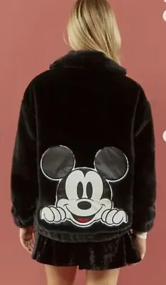 Disney Forever 21 Disney Faux Fur Black Mickey Mouse Jacket Coat NEW L Large • $85