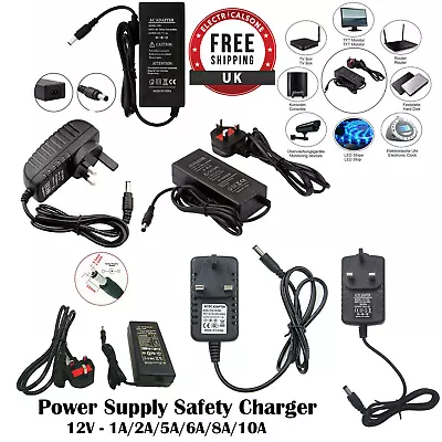 AC-DC 12V UK Plug Power Supply Adapter 1A/2A/3A/5A/6A/8A/10A CCTV Safety Charger • £5.89