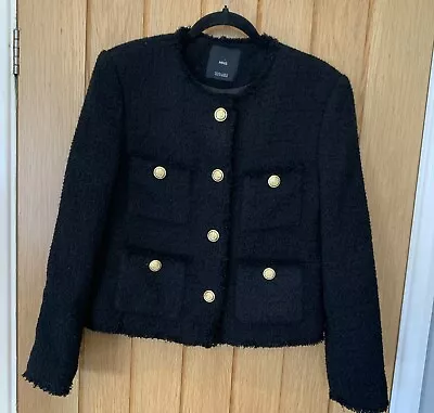 Mango L Black Boucle Front Pocket Jacket Gold Buttons Excellent • £31