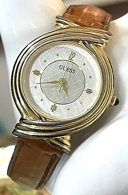 Vintage Guess 1993 Round Gold Dial Case Brown Leather Band Water Resist Watch • $17.24