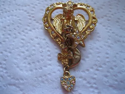 Kirks Folly AB Rhinestone Gold Tone Heart Cherub Star Moon Dangle  Brooch Pin • $12