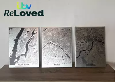 Set Of 3 City Prints Silver And Black Canvas Wall Art - Preloved By ITV • £20