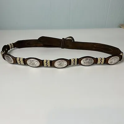 Vintage Leather Scalloped Belt Silver Conchos Buckaroo Rawhide Size 36 7929L • $38.93