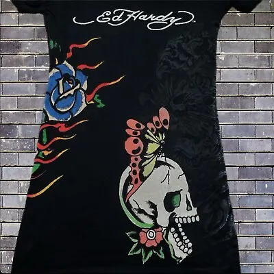 Y2K Grunge Womens Ed Hardy T Shirt Size M Skulls Flowers And Flames 16x29.5 • $39.72