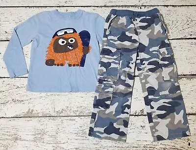 MINI BODEN 7  8 Blue Orange Snowboard Monster Tee & Camo Pants • $31.98