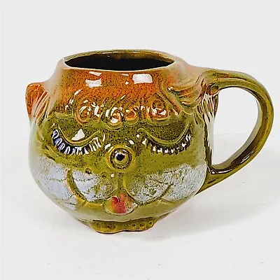 Vintage Pacific Stoneware Green Orange Cat Face Mug B. Welsh Green Folk Art • $39.95
