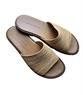 Women's Manolo Blahnik's 40 Safina Raffia Leather Slide Sandals Beige US 9 • $355