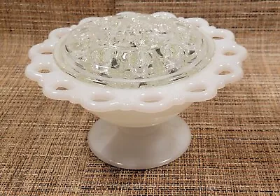 Vintage White Milk Glass Lace Edge Pedestal Compote Vase With Clear Flower Frog • $24.06