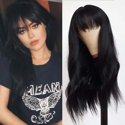 Cosplay Wig With Bangs Black Long Wavy Heat Resistant Synthetic Hair Fashion • $14.39