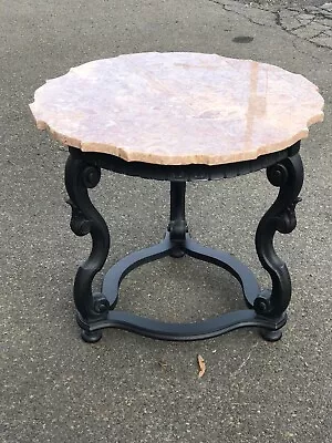 Made In Portugal Marble Top End Table With Black Painted Base   • $195