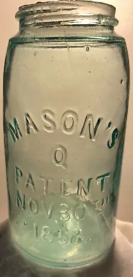 MASON'S Q PATENT NOV 30TH 1858 BP & CO BASE Aqua Quart Fruit Jar With Zinc Lid • $222.49