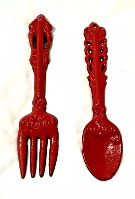 Vtg Oversize Cast Iron Spoon Fork Kitchen Wall Hanging Decor Red 11 & 10.5 X2.25 • $22.95