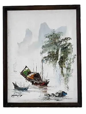 Vintage Oil On Canvas MCM Signed Painting Chinese Junk Boat 1960s 17” X 13” Rare • $94.30