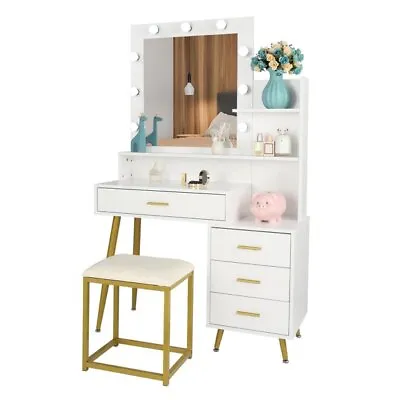 Vanity Set With 3 Color Lighted Mirror Makeup Table 4 Drawers Dresser Desk • $160.98