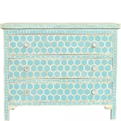 Bone Inlay Chest Of 3 Drawers Honeycomb Design In Turquoise Color • $2986.79