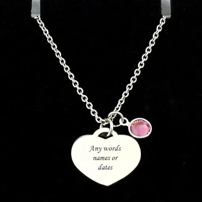 £16.99 • Buy Engraved Necklace For Woman Or Girl With Birthstone, Personalised Heart Pendant