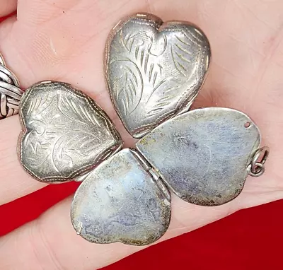 Vintage Sterling Silver Heart Locket 4-leaf Clover 4 Way Locket. Very Nice! • $24