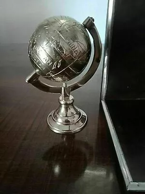 Nautical Antique Brass Silver Globe Vintage World Geographic Mini Globe • $45