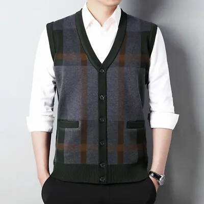 Men Knit Check Gilet Waistcoat Sweater Jumper Cardigan Tank Tops Sleeveless Soft • $25.37