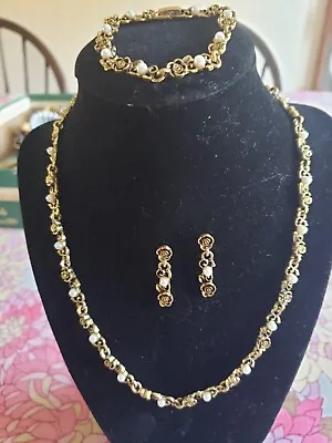 Vintage Costume Jewelry  Necklace Bracelet & Earrings Gold Color W/ Rose Design • $25