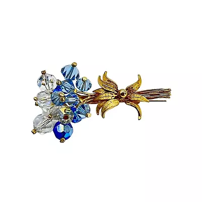 VTG Blue & Clear AB Crystal Bead Floral Spray Bouquet Brooch Pin Gold-tone Stems • $24.99