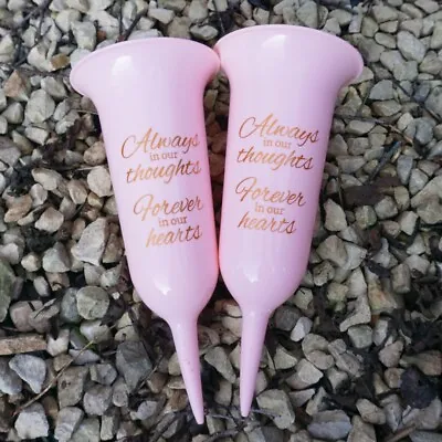 Set Of 2 Pink Gold Forever In Our Hearts Fluted Memorial Grave Flower Vases • £7.98