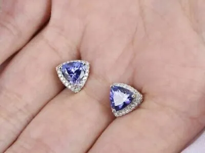 3Ct Trillion Cut Blue Tanzanite Halo Push Back Stud Earrings 14K White Gold Over • $42