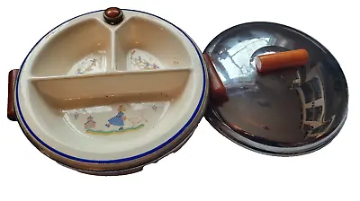 Porcelain Child's Warming Dish 3 Compartment Plate W/ Bakelite Handles & Cover • £18.99