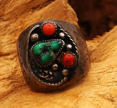 Huge Vintage Navajo Old Pawn Style Turquoise Coral Silver Dome Ring Size 11.25 • $169