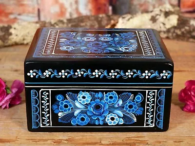 Lacquer Box Hand Painted Blue Flowers On Black Handmade Olinalá Mexican Folk Art • $30