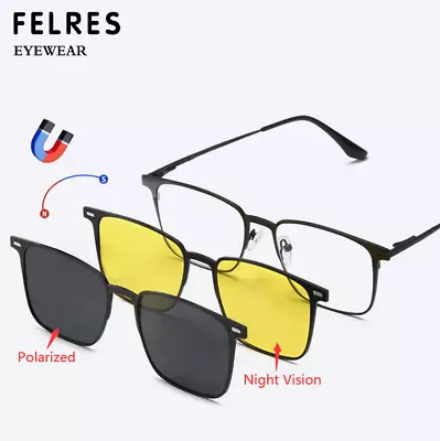 3 In 1 Metal Magnetic Clip On Polarized Sunglasses Men Square Glasses Frames New • $21.97