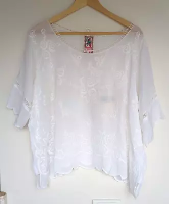 Johnny Was Sheer White Embroidered Short Sleeve Blouse Free Size 10-16 *defect • $109