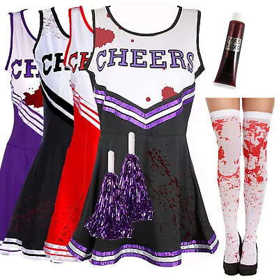 Zombie Cheerleader Costume Halloween Fancy Dress Outfit Bloody 4 PIECE SET • £16.95