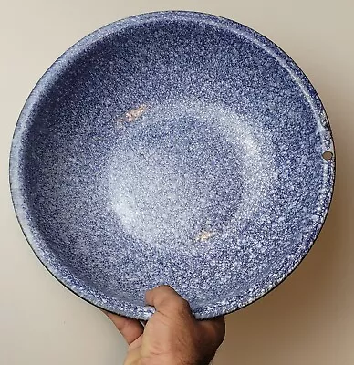 Antique Cobalt Blue & White Speckled Enamelware Graniteware 12x3.5  Tub Bowl • $20.75