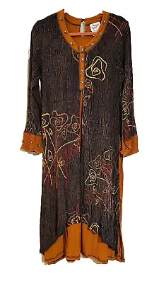 Midnight Velvet Layered Dress Women’s Sz Small Orange Beaded Handmade Indonesia • $25