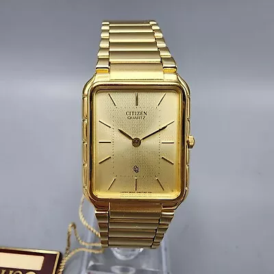 VTG Citizen CQ Tank Watch Men 25mm Gold Dial Gold Tone Rectanlge New Battery • $59.99