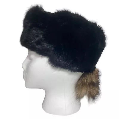 Coonskin Cap Rabbit Fur Hat Women's Size XS Raccoon Tail Black Brown Lined • $39.90