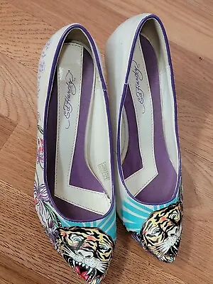 RARE Ed HARDY PUMPS VINTAGE  SIZE US 7 Christian Audigier Designer Canvas • $79.10