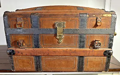 Antique Boston Nathen Neat Steamer Trunk Dome Top Leather Cover Wood Straps 1864 • $899.99