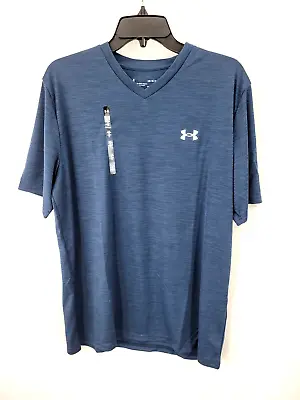 Under Armour Shirt Mens Large Blue V-Neck Short Sleeve Workout Loose Fit • $20.10