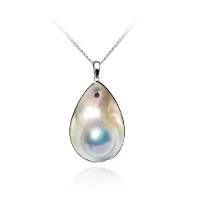 Silver Huge 23×33mm Mabe Blister Pearl Pendant 18K Solid White Gold&Sapphire • $445.47
