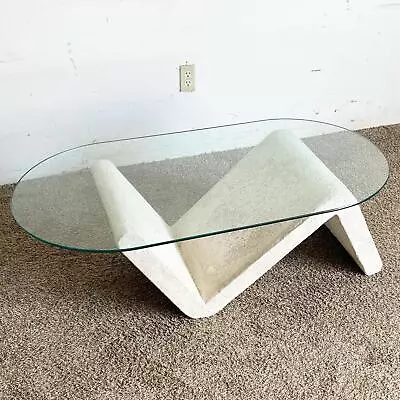 Postmodern Sculpted Concrete Oval Glass Top Coffee Table • $795